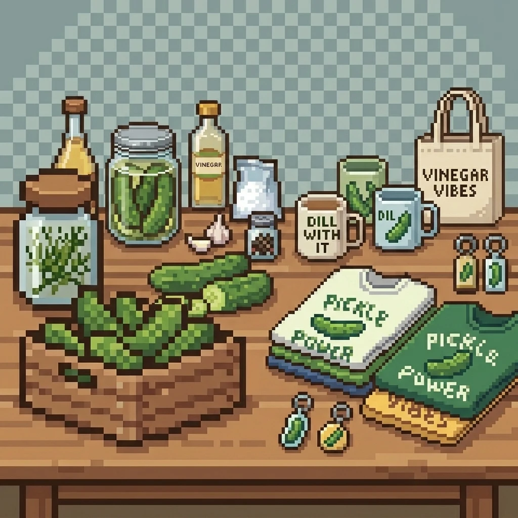 Pixel-art merch illustration with mugs, T-shirts, a tote bag and keyrings.