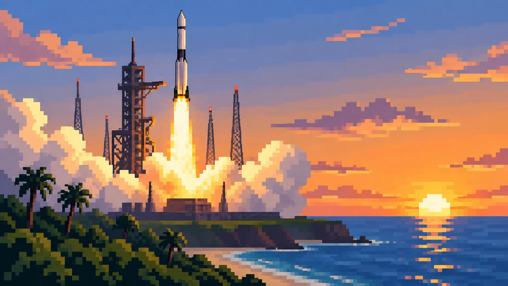 Pixel art launch illustration