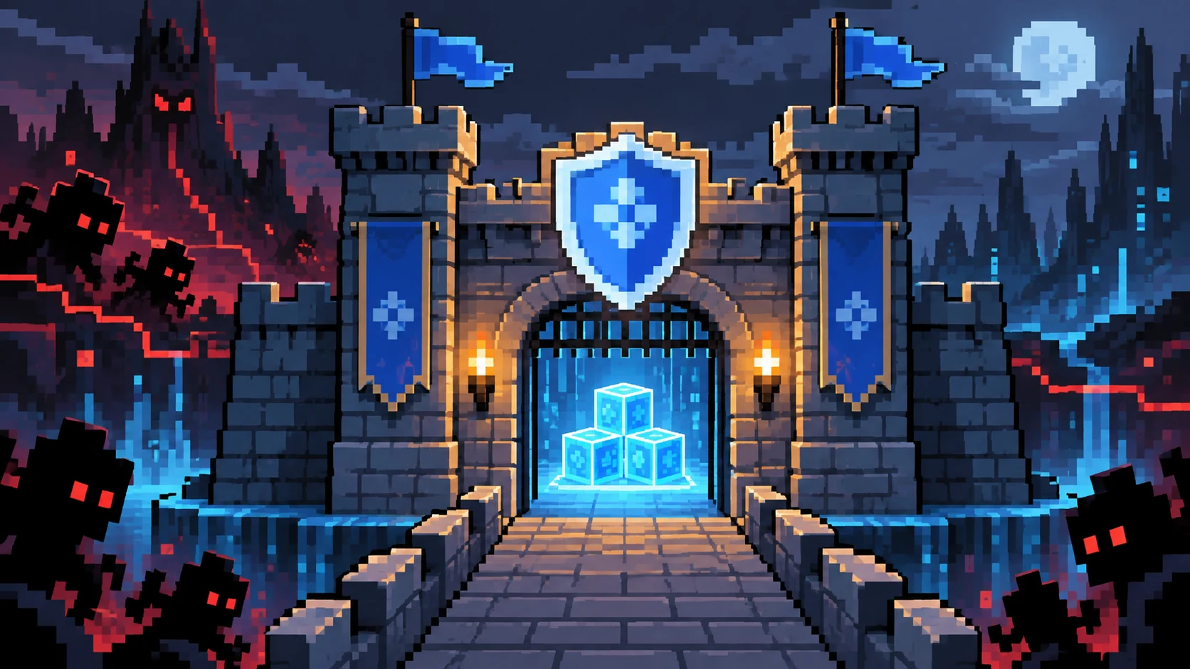 Pixel art firewall illustration